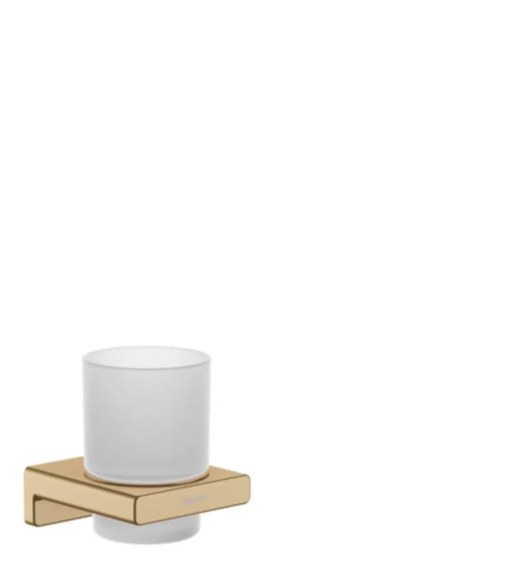 Zahnputzbecher mit Glas und Halterung in gebürstetem Bronze-Finish, designed von Hansgrohe, auf einer quadratischen Basis.